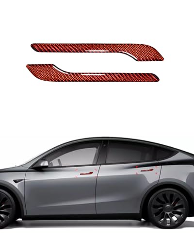 Door Handle Cover, Real Matte Carbon Fiber Door Handle Trim Protector Set Compatible with Tesla Model y Model 3 2017-2025 (4 Pieces) (Real Glossy Carbon Fiber-RED) - color: Real Glossy Carbon Fiber-RED