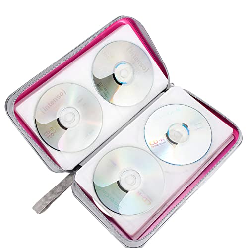 CD Case, Siveit DVD Case Holder 96 Capacity Hard Plastic CD DVD Disc Cases Storage Binder Wallet for Car Home Office Travel (Hot Pink) - color: Pink