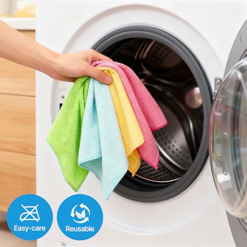 QYL Microfiber Cleaning Cloth,12 Pack Cleaning Rags, Cleaning Towels with 4 Color Assorted, 11.8"X11.8"(Green/Blue/Yellow/Pink)