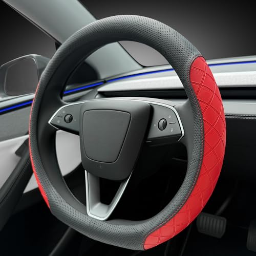 LKWLIKEI Leather Steering Wheel Cover. Elegant Diamond Checkered Design, Non-Slip and Breathable, for Tesla Model 3/Y Steering Wheel Protector,Black Red - color: Black Red