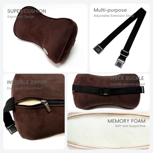Carwales Car Neck Pillow for Travel Recliner Headrest Cushion Couch Office Chair Memory Foam Lower Back Support Lumbar Pain Relief Ergonomic Design Extension Adjustable Strap Driving Brown 1 Pack - color: Brown