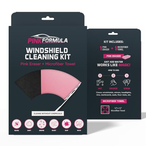 Pink Formula Windshield Cleaning Kit, Pink Eraser + Microfiber Cleaning Kit, Cleans Without Chemicals