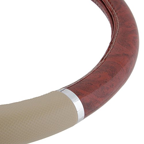 BDK Dark Wood Grain Car Steering Wheel Cover, Standard 15 inch with Beige Faux Leather Grip, Made to Fit Most Auto Truck Van SUV - color: #1-Beige / Dark Wood, size: Fits 14.5 - 15" Sw