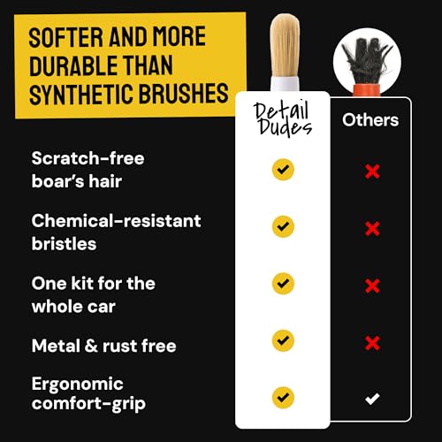 Car Detailing Brush Set 9-Pack - Boars Hair Brushes with Tire and Wheel Brush Plus Tire Dressing Applicator - Soft Bristle Car Detailing Kit for Interior, Exterior and Wheels - Detail Dudes - size: 9 Pack (Full Kit)