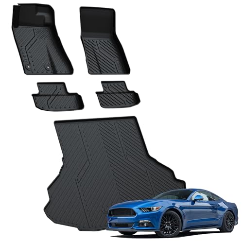 LASFIT Floor Mats and Cargo Mat for Ford Mustang 2024 2025 2026 (NOT fit w/o Subwoofer Box) All Weather Protector TPE Car Floor Liners, 1st & 2nd Row & Trunk Liner, 5pcs Black - style: 9) Mustang| 24-26 | Combo Set
