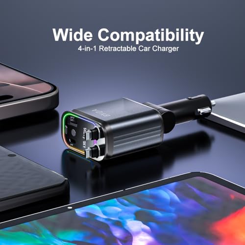 4 in 1 Retractable Car Charger with Starry Light,69W Cigarette Lighter Charger,USB C Fast Car Charger for iPhone 17 Pro Max 16 15 14 13 12 11 (Lightning+USB-C & PurpleLight) - size: Lightning+USB-C & PurpleLight