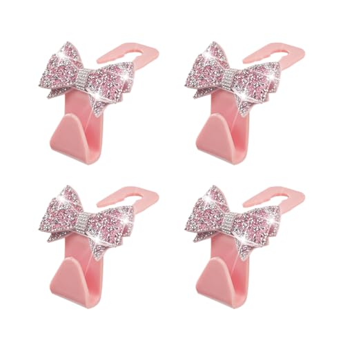Zpana Bling Car Headreat Hook, 2PCS Crystal Rhinestone Cute Bow Vehicle Seat Back Hanger Storage for Purses Bags Grocery, Diamond Auto Rear Seat Organizer, Universal for SUV Truck Sedan (Pink) - style: Pink/4PCS
