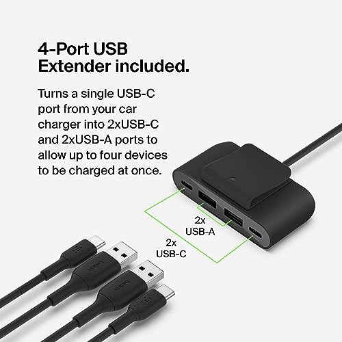 Belkin Boost↑Charge™ 30W Fast Car Charger, USB-C Power Delivery Port, 4-Port USB Power Extender, Universal Compatibility for iPhone 16, Galaxy S25, Note Series, Nintendo Switch 2 and More - Black - style: Charger + Power Extender