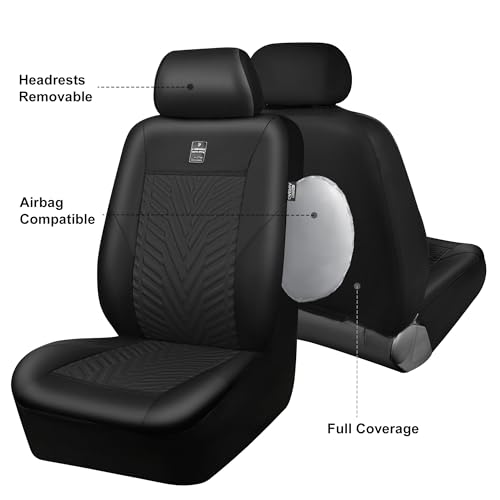 CAR PASS Deluxe Faux Leather Car Seat Covers 2 Front Seats Only, 3D Tyre Embossed Waterproof Front seat Covers, Airbag Compatible, Durable Universal Fit Seat Covers for SUV Truck Automotive (Black) - color: Black