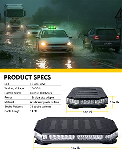 LUMENIX 42 LED Roof Top Strobe Beacon Light Bar Hazard Warning Emergency Flashing Plow Lights with Controller for Construction Vehicles Tow Trucks Snowplow Postal Cars White Green (Patent Design) - color: White Green