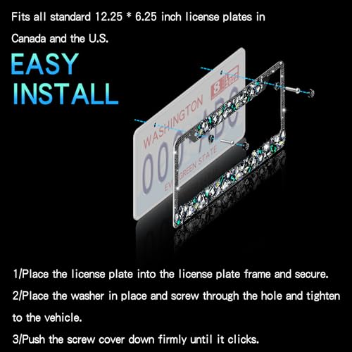 2 Pack Black Bling License Plate Frames for Women Sparkly Rhinestone Diamond Car Accessories with Glitter Crystal Caps Stainless Steel Frame - High-End Gift Box Packaging - color: CPJ-LBJG-002 black gem 2pcs