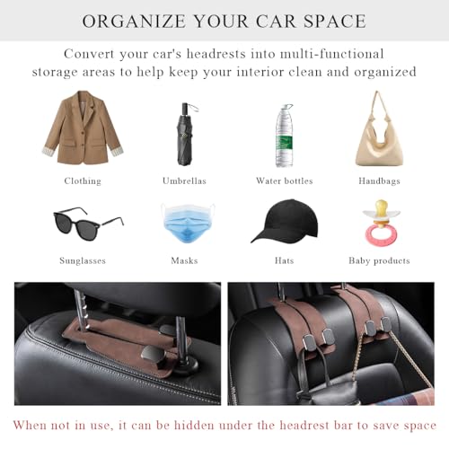 2 PCS Car Seat Headrest Hook, Back Seat Hanger with Double Flexible Leather Hooks, Soft Leather Double Headrest Metal Hooks Purse Handbag Organizer, Car Accessories (Black) - color: Black