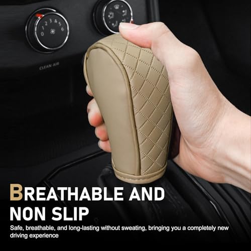 Car Leather Gear Shift Cover, Anti-Slip Dustproof Gear Shifter Stick Protector with Diamond Embroidery, Shift Knob Cover for Lever Protection, Universal for Cars,Trucks,SUVs (Beige) - color: Beige