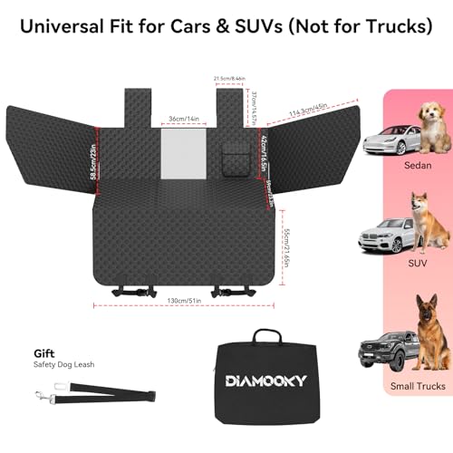 DIAMOOKY Dog Car Seat Cover for Back Seat, Waterproof Back Seat Extender for Dogs w/Door & Headrest Protector, Hard Bottom Pet Bed Hammock Holds 420lbs, for Cars SUVs Small Trucks(Not for 3-row seats)