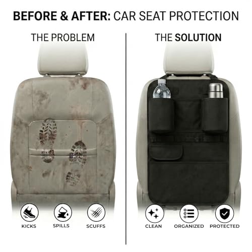 Swigzy Premium Seat Back Organizer & Kick Mat Protector with Large Water Bottle Holders - Cordura Nylon Auto Storage - Laptop Pocket & Sag-Free Adjustable Fit