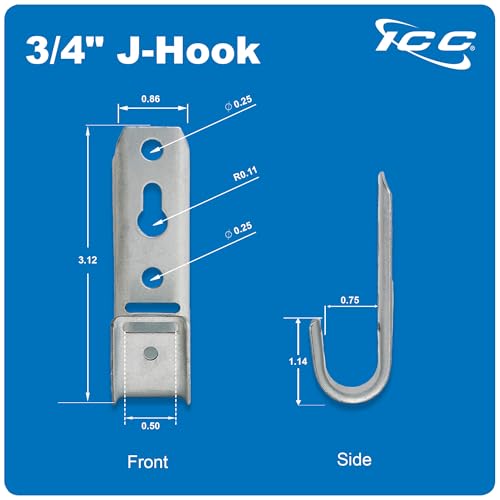ICC 3/4-Inch Wall Mount J-Hook – 25-Pack, Cable Support 3/4" J Hooks Without Retainer Clips, Galvanized Steel with Zinc Finish – for Structured Cabling and Cable Management - size: 3/4 in, style: Wall Mount