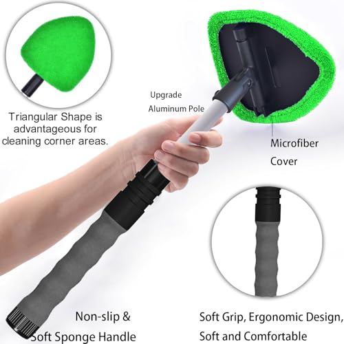 desin Windshield Cleaning Tool, Car Window Cleaner Windshield Cleaner with 4 Reusable and Washable Microfiber Pads and Extendable Handle Auto Inside Glass Wiper Kit (Green) - color: Green