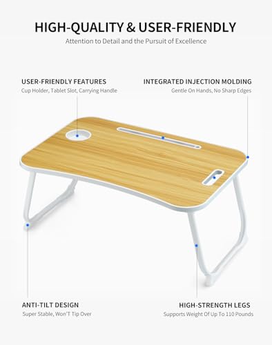 ZEAPTAC Laptop Bed Desk, Foldable Lap Desk, Portable Lap Table, Laptop Stand with Cup Holder & Tablet Slot & Lifting Handle for Working Writing Drawing & Eating - Wood - color: Wood