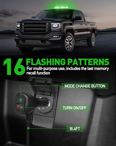 HLauto 406D Rooftop Emergency Strobe Lights Bar, 102 LED Green White Mini Beacon Safety Flashing Warning Traffic Lights Bar w/Magnetic Base for 12-24V Trucks, Construction Vehicles, Snowplow, Cars - color: Green/White