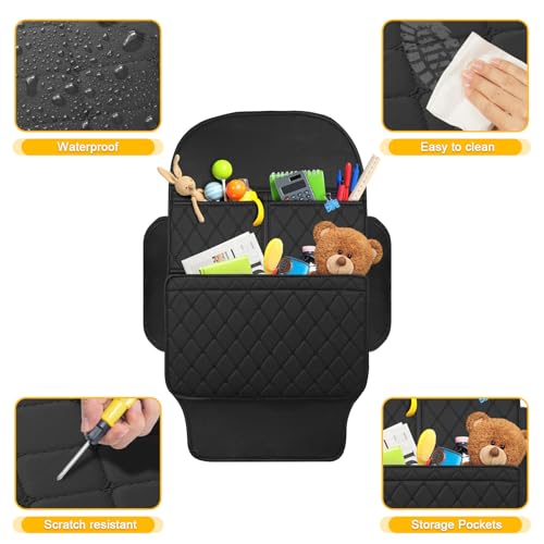 Seat Back Protector - Leather Kick Mat with Storage Pockets, Front & Back Seat Cover for Kids -Large Capacity Car Seat Organizers and Storage for Child, Splashproof & Easy Clean