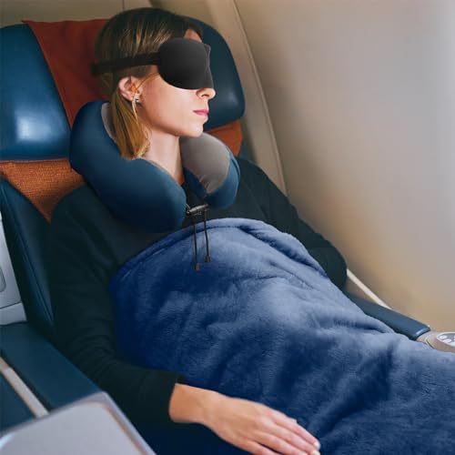 urnexttour Travel Pillow and Blanket Set Neck Pillows Travel Essentials with Sleep Mask for Airplane Car Memory Foam Blue - color: A-blue
