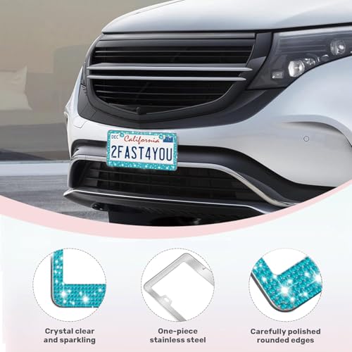 2 Pack License Plate Frames for Women, Sparkly Rhinestone Diamond Car Accessories with Glitter Crystal Caps (Blue(2PCS)) - color: Blue(2PCS)