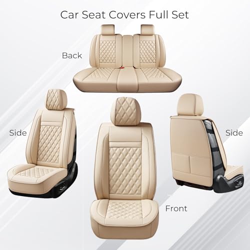 Huidasource Beige Seat Covers Full Set, Nappa Leather Seat Cover Hollow Design Airbag Pops, Front & Back Seat, 5 Layers Seat Covers for Most Cars, Vans, Trucks, SUVs Universal Fit (Full Set/Beige) - color: 02FS# Beige, size: 5pcs Full Set