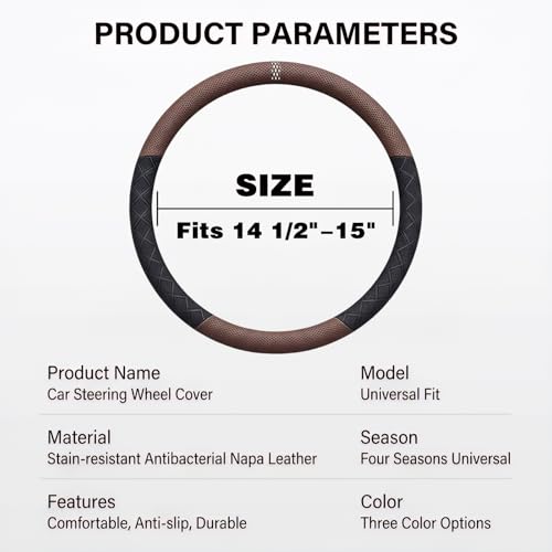 Ultra-Thin Napa Leather Steering Wheel Cover with 3D Anti-Slip Diamond Grip, Breathable Non-Bulky Design, Universal Fit 15 Inch for Cars & SUVs - color: White&Coffee