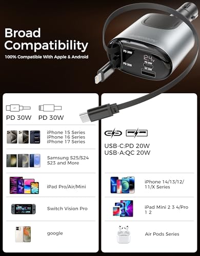Retractable Car Charger, 100W Car Phone Charger with Cables Fast Charging,Cigarette Lighter USB Charger for iPhone 17 16 15 14 13 12 11 Galaxy Pixel,Travel Essentials Car Accessories Gifts for Him Her