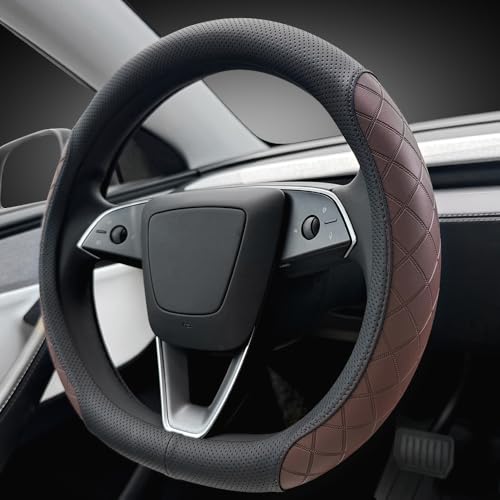 LKWLIKEI Leather Steering Wheel Cover. Elegant Diamond Checkered Design, Non-Slip and Breathable, for Tesla Model 3/Y Steering Wheel Protector,Black Brown - color: Black Brown