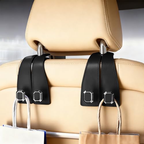 2PCS Car Headrest Hooks, Nappa Leather Metal Vehicle Double Seat Back Storage Hook for Purse Bag Coat, Multifunctional Automotive Interior Hanging Hanger, Universal Fit (Black) - color: Black