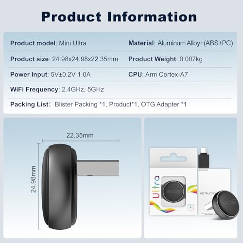 Carlinkit Mini Ultra Wireless CarPlay & Android Auto Adapter, Convert Factory Wired to Wireless, USB-A/USB-C Fast Connection for iPhone & Android 11+, Plug & Play Car Play Dongle, OTA Upgrade