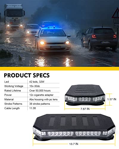 LUMENIX 42 LED Roof Top Strobe Beacon Light Bar Hazard Warning Emergency Flashing Police Cop Lights with Controller for First Responders Volunteer Firefighter POV Vehicles Trucks Blue (Patent Design) - color: Blue