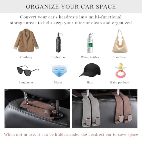 2 PCS Car Seat Headrest Hook, Back Seat Hanger with Double Flexible Leather Hooks, Soft Leather Double Headrest Metal Hooks Purse Handbag Organizer, Car Accessories (Gray) - color: Gray