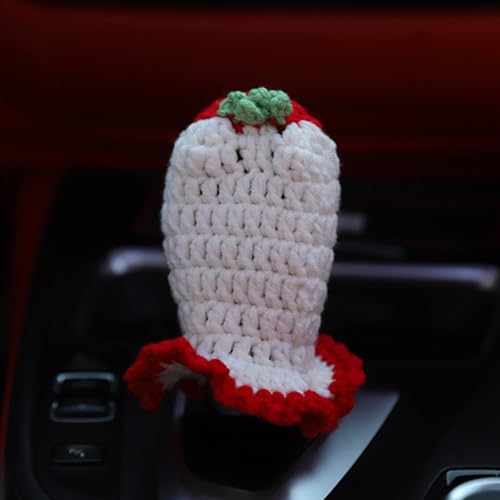 Crochet Shift Knob Cover, Universal Handmade White-Strawberry Boho Car Accessories for Women, Car Shift Boots Knobs Cover Automotive Interior Fits Car Truck SUV (63#SC) - color: 63#SC