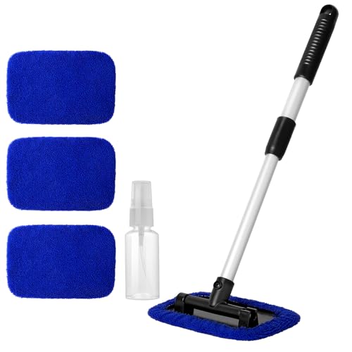 Qydipclin 11pcs Windshield Cleaner Tool, Car Window Cleaning Wash Kit with 6 Reusable Microfiber Pads 2 Spray Bottles and Extendable Handles Auto Glass Wiper Kit, Blue - color: Blue