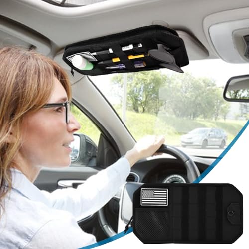 Car Sun Visor Organizer with Zipper Storage Pouch & Glasses Clip – Semi-Rigid MOLLE Panel with Patch – Universal Fit for Vehicles, SUVs, Trucks(Black)