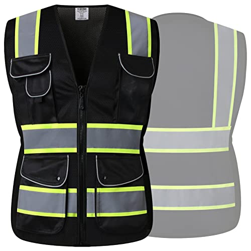 JKSafety Women Hi-Vis Reflective Safety Vest | Neon Color body Sewed Reflective Strips Breathable Lightweight ANSI Compliant - color: V168-black, size: X-Large