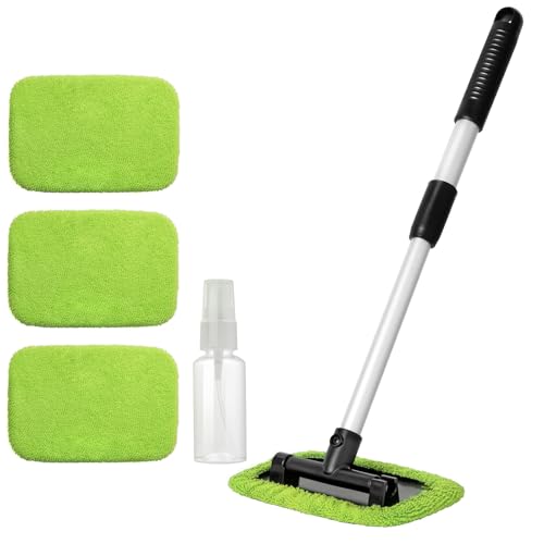 Qydipclin 11pcs Windshield Cleaner Tool, Car Window Cleaning Wash Kit with 6 Reusable Microfiber Pads 2 Spray Bottles and Extendable Handles Auto Glass Wiper Kit, Blue & Green - color: Blue & Green