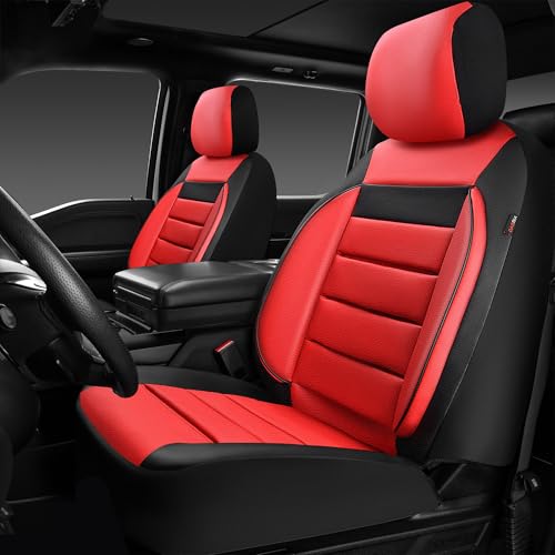 CAR PASS Leather Car Seat Covers Front Seats Only, Universal Fit Automotive Interior Waterproof 3D Foam Back Support Car Seat Covers for Trucks Vans and SUVs Airbag Compatible 2 Pieces (Black Red - color: Red Front