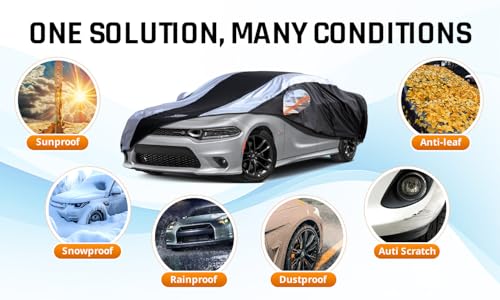 Dodge Charger Car Cover Waterproof All Weather with Silver Strip Design, Custom Fit for Dodge Charger 2006–2023, Charger Accessory with Door Zipper & Windproof Straps - size: Custom Fit Dodge Charger