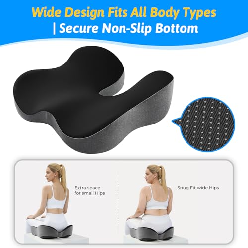 Seat Cushion for Tailbone & Sciatica Pain Relief – Certified & Ergonomist-Designed – Tapered Front Edge Reduces Thigh Pressure – Wide Memory Foam for Office Chair, Car, Wheelchair - color: Black & Gray