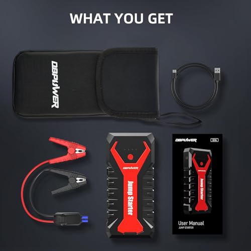 DBPOWER 5000A/80.66Wh Portable Car Jump Starter (UP to 8.0L Gas/6.5L Diesel Engines) 12V Auto Lithium-Ion Battery Booster with Smart Clamp Cables, Quick Charge, and LED, Storage Bag