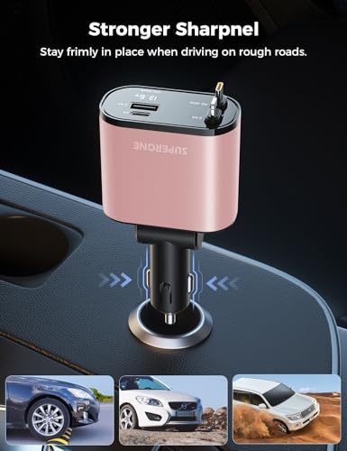 SUPERONE 【Upgraded】 Retractable Car Charger 4 in 1, Fast Car Phone Charger with Cord 2.6ft, USB C Car Charger Adapter, Compatible with iPhone 17/16/15/15 Pro Max/14/13/12/11, Galaxy, Pixel - color: Pink