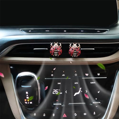 ORIESSE Ladybug Car Accessories,2pcs Red Bling Lady bug Air Vent Clips Car Air Freshener,Cute Dashboard Decorations Gift for Women,Girly Refillable Diffuser with Felt Pads