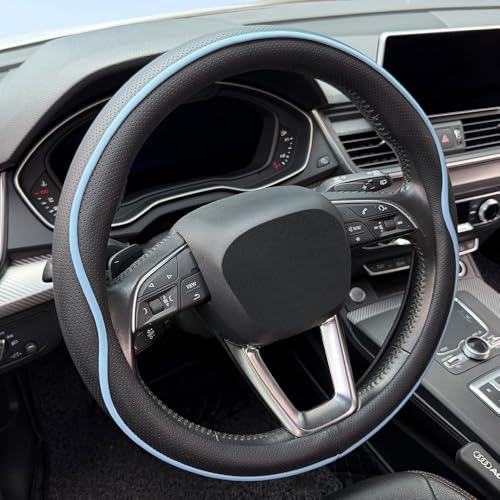 HAOTULE Leather Steering Wheel Cover, with Anti-Slip Stripe Design - Enhanced Grip, Fashion Style, Safe, Non-Slip, Breathable. Upgrade car Interior,Black Blue - color: Black Blue