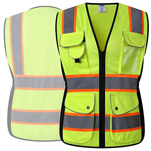 JKSafety Women Hi-Vis Reflective Safety Vest | Neon Color body Sewed Reflective Strips Breathable Lightweight ANSI Compliant - color: V168-yellow, size: X-Large