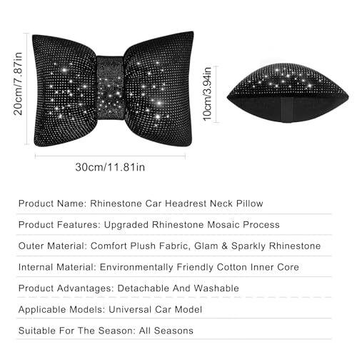 surpassme 2PCS Rhinestone Car Headrest Neck Pillow for Driving with Bling Bling Crystal Bow Pillow Car Accessories for Women (Black) - color: 2 Black Pillows