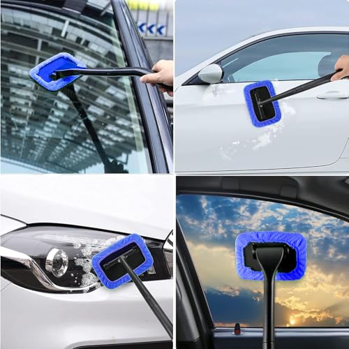 desin Car Windshield Cleaner Tool with Extendable Handle, Inside Auto Window Glass Cleaning Kit with 5 Washable Microfiber Pads, Streak-Free Defogger Wand for Deep Dashboards & SUVs - color: Blue