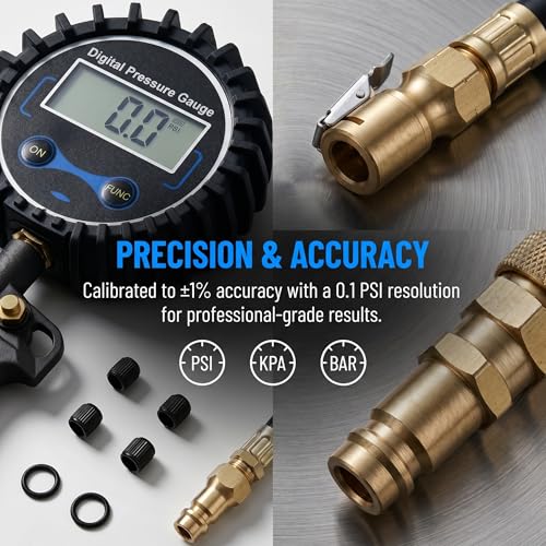 Digital Tire Pressure Gauge with Inflator, 3-250 PSI Air Chuck & Compressor Accessories Heavy Duty with Quick Connect Coupler, 0.1 Display Resolution